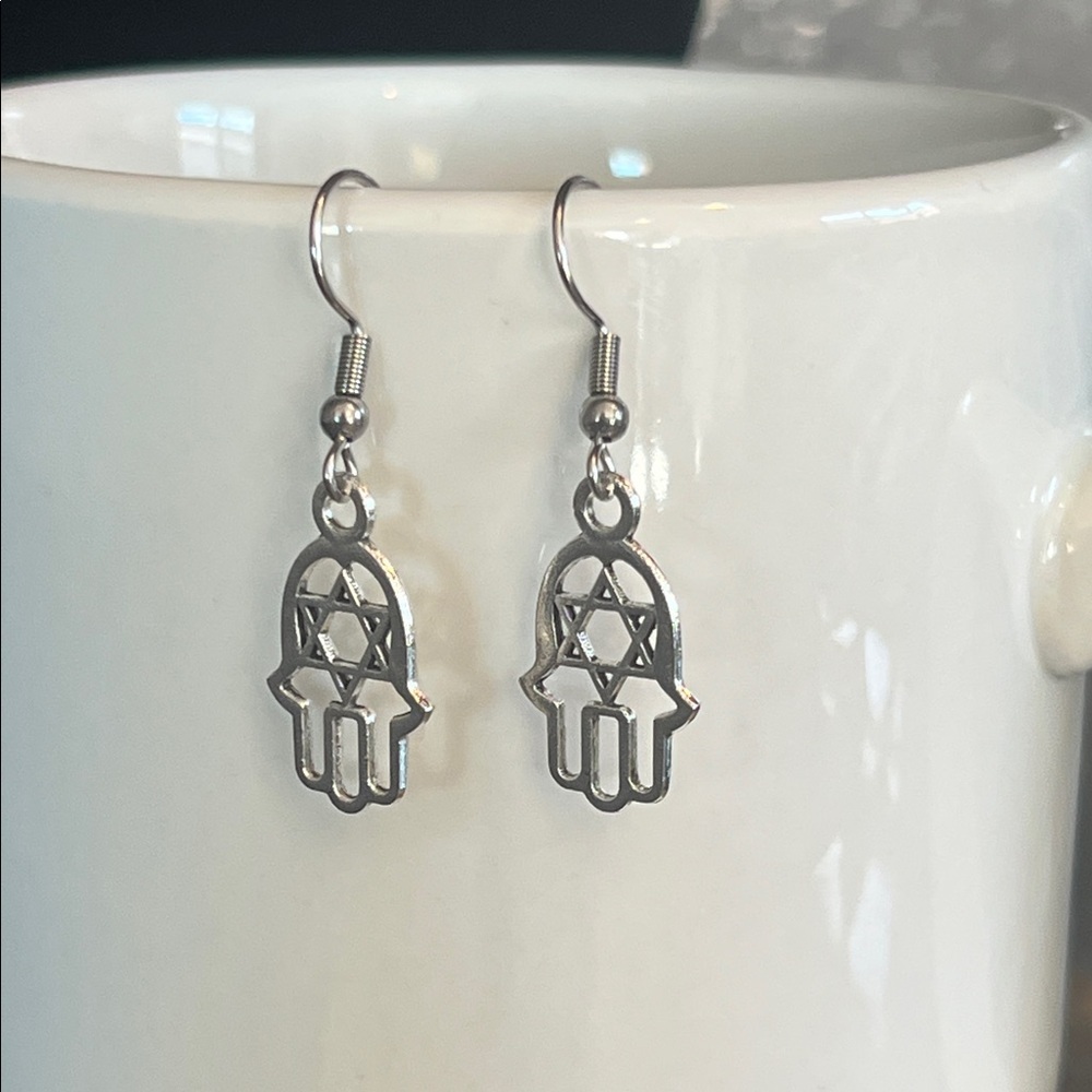 Silver Hamsa Hand Earrings - Picture 2 of 3